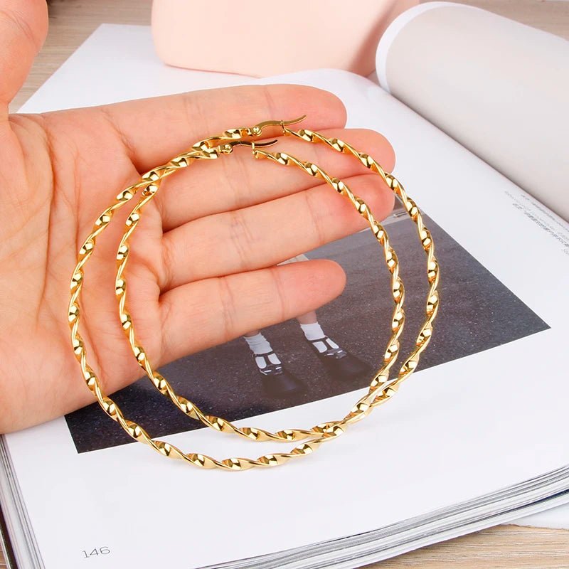 Hgflyxu Gold Color Stainless Steel Big Large Hoop Earring for Women Chinese Design Ladies Ear Fashion Jewelry Party High Quality