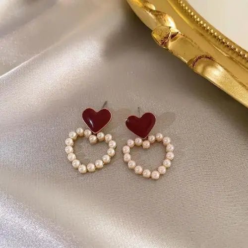 Silver Needle High Sense Wine Red Retro Hong Kong Style No Pierced Female Temperament Pearl Earrings High Sense Earrings