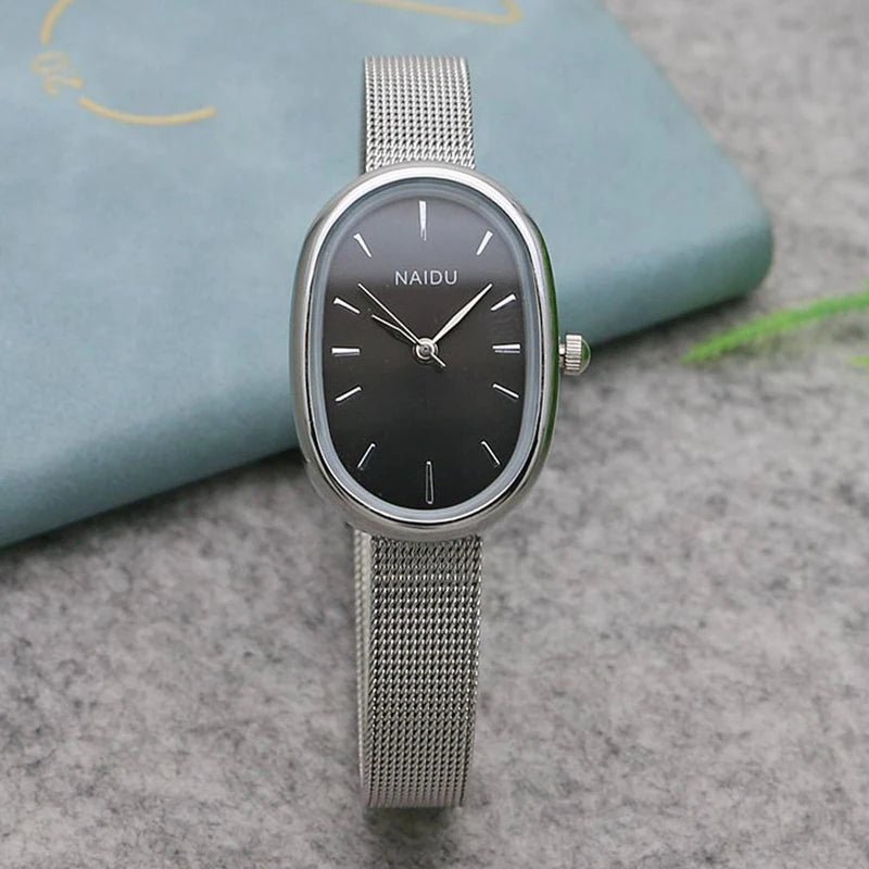 Women Quartz Watch Luxury Oval Shaped Fashion Mini Case Small Roman Numeral Dial Female Full Metal Band Watches Niche Wristwatch