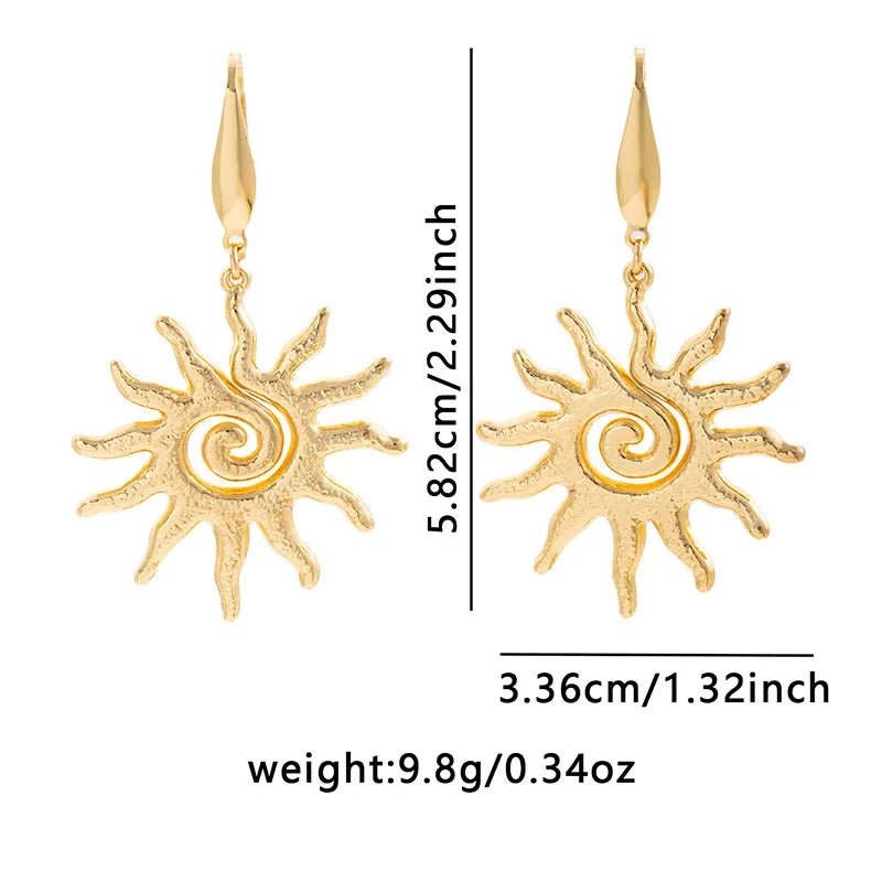 Vintage Hammered Spiral Sun Geometric Drop Earrings for Women Golden Stainless Steel Fashion Aesthetic Trend Jewelry Gift