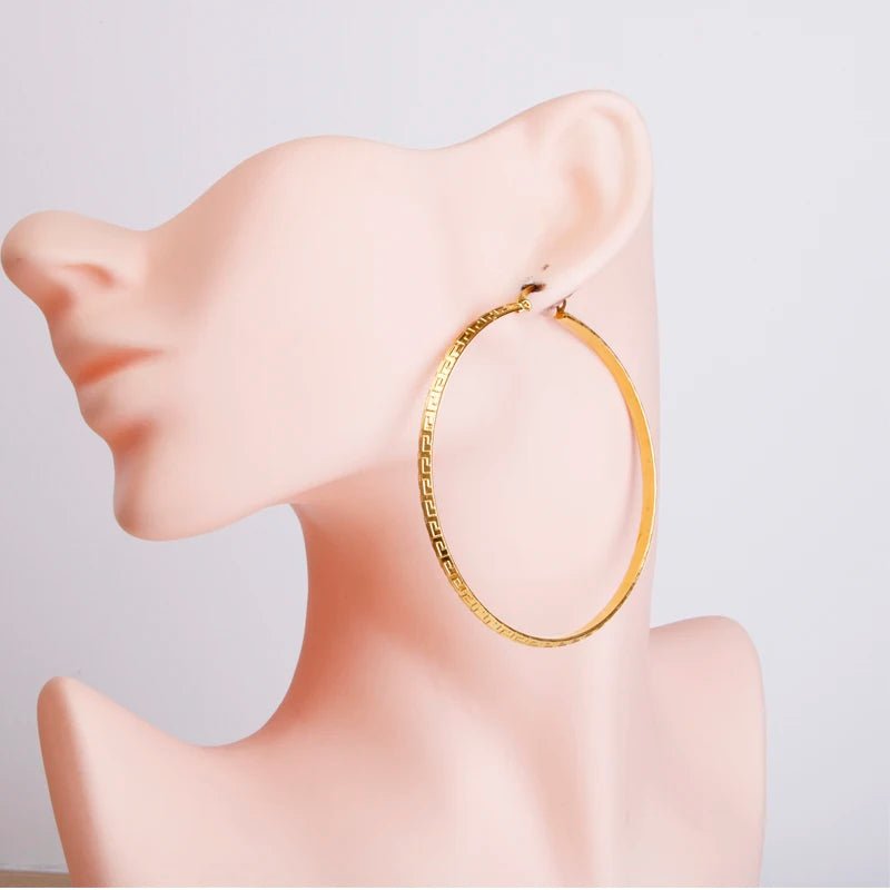 Hgflyxu Gold Color Stainless Steel Big Large Hoop Earring for Women Chinese Design Ladies Ear Fashion Jewelry Party High Quality