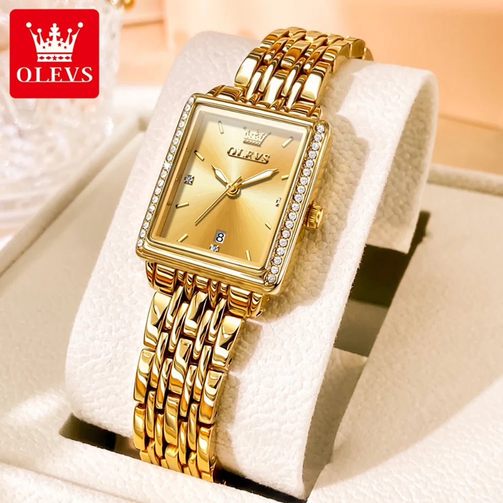 OLEVS Luxury Women's Quartz Watch Fashion Square Dial Solid Color Strap Top Quality Stainless Steel Waterproof Women's Watch