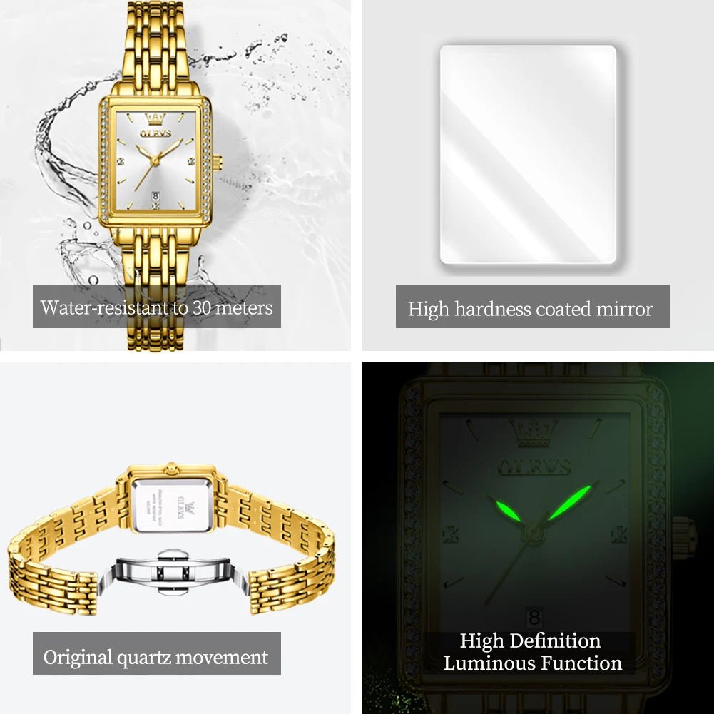 OLEVS Luxury Women's Quartz Watch Fashion Square Dial Solid Color Strap Top Quality Stainless Steel Waterproof Women's Watch