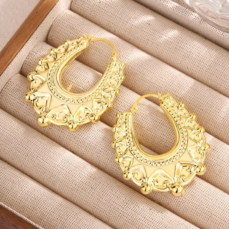 Crown Bead Hollow U-shaped Stainless Steel Gold-plated Earrings