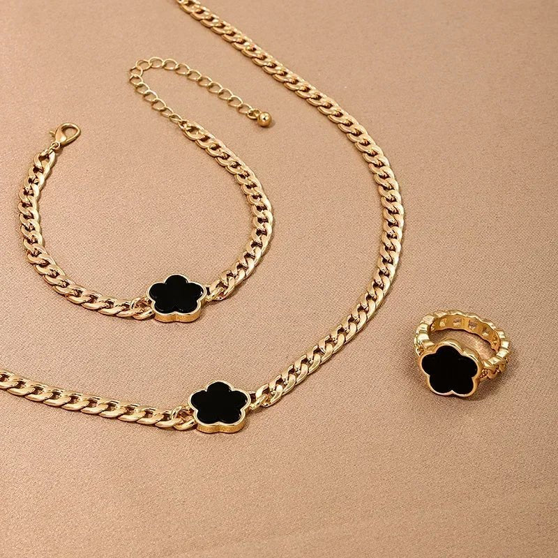 Five-Petal Flower Stud Earrings Pendant Necklace Two-Piece Sets