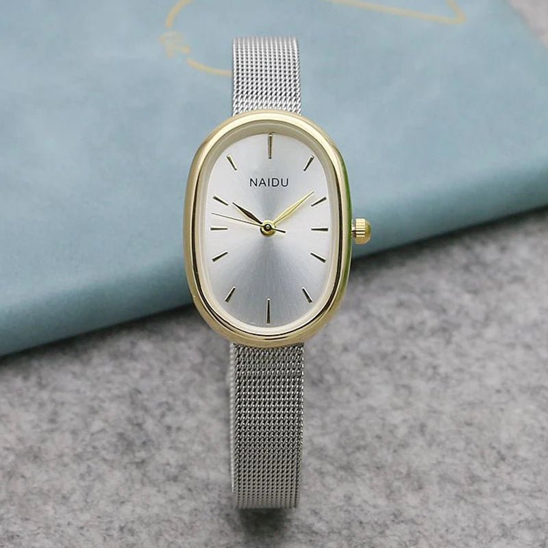 Women Quartz Watch Luxury Oval Shaped Fashion Mini Case Small Roman Numeral Dial Female Full Metal Band Watches Niche Wristwatch