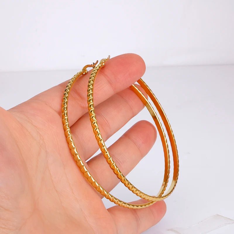 Hgflyxu Gold Color Stainless Steel Big Large Hoop Earring for Women Chinese Design Ladies Ear Fashion Jewelry Party High Quality