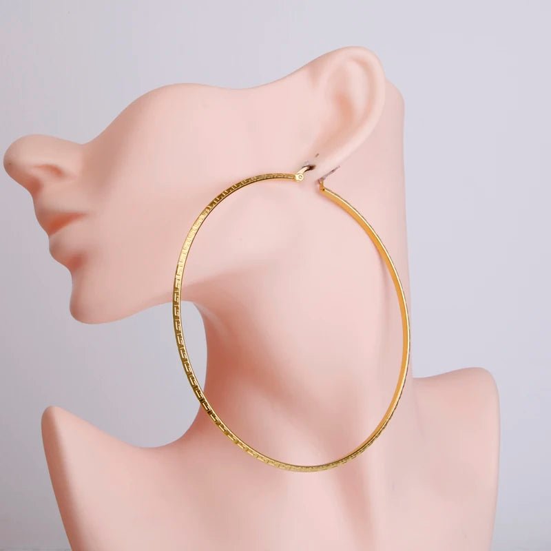 Hgflyxu Gold Color Stainless Steel Big Large Hoop Earring for Women Chinese Design Ladies Ear Fashion Jewelry Party High Quality