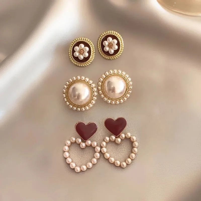 Silver Needle High Sense Wine Red Retro Hong Kong Style No Pierced Female Temperament Pearl Earrings High Sense Earrings