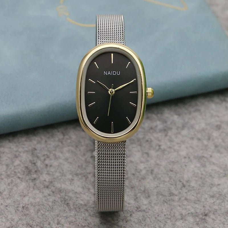 Women Quartz Watch Luxury Oval Shaped Fashion Mini Case Small Roman Numeral Dial Female Full Metal Band Watches Niche Wristwatch