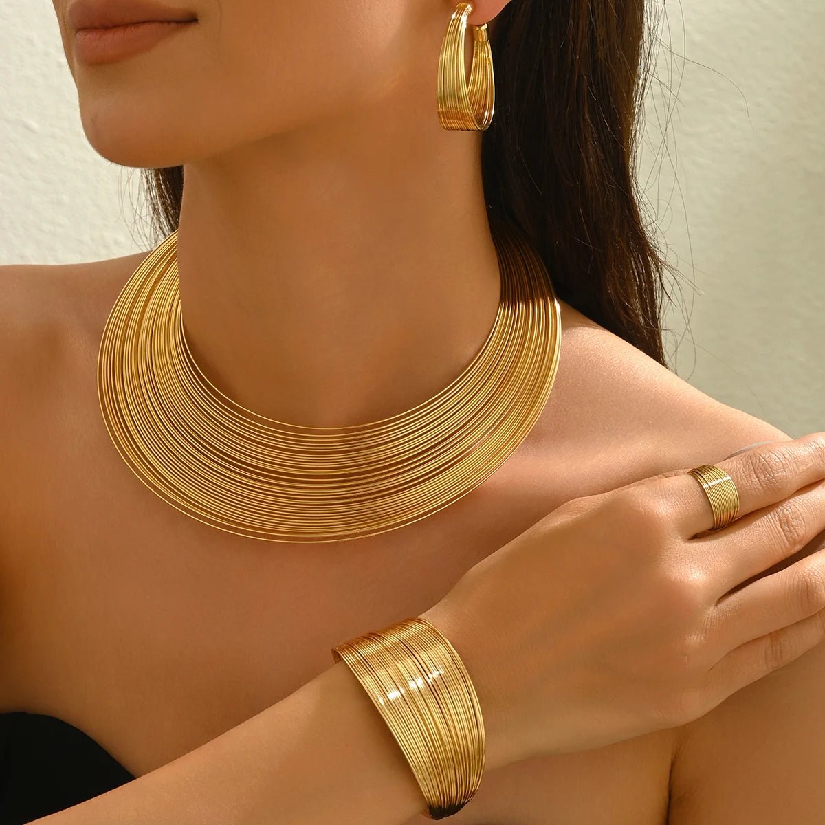 Sophisticated Gold Color Wide - band Jewelry Set Bold Choker C-shaped Earrings Ring Cuff Bracelet Set For Women