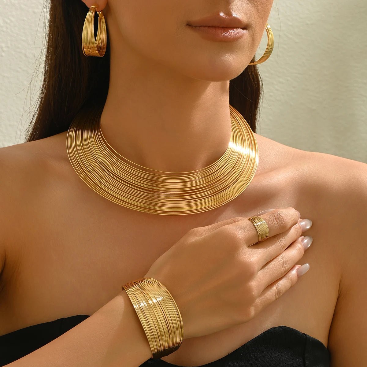 Sophisticated Gold Color Wide - band Jewelry Set Bold Choker C-shaped Earrings Ring Cuff Bracelet Set For Women