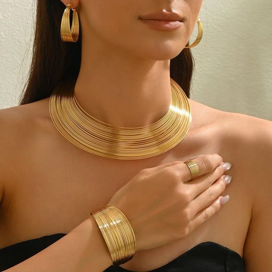 Sophisticated Gold Color Wide - band Jewelry Set Bold Choker C-shaped Earrings Ring Cuff Bracelet Set For Women