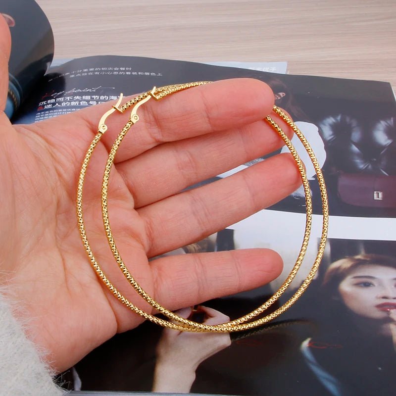 Hgflyxu Gold Color Stainless Steel Big Large Hoop Earring for Women Chinese Design Ladies Ear Fashion Jewelry Party High Quality