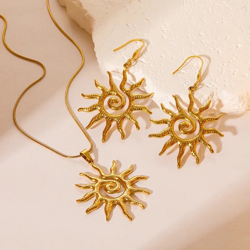 Vintage Hammered Spiral Sun Geometric Drop Earrings for Women Golden Stainless Steel Fashion Aesthetic Trend Jewelry Gift