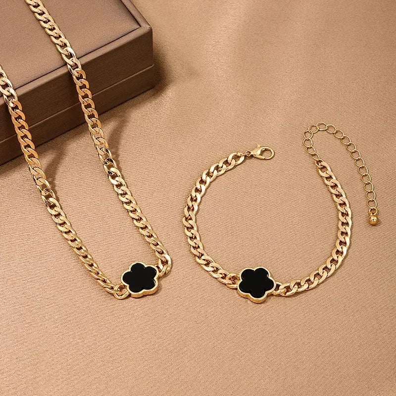 Five-Petal Flower Stud Earrings Pendant Necklace Two-Piece Sets