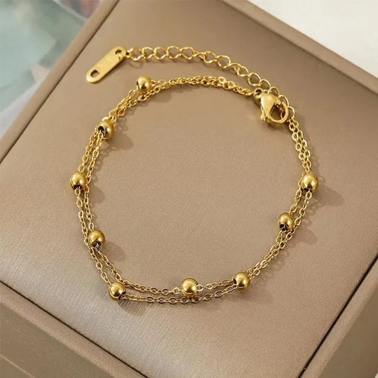 Women's Glamorous Gold Color Bead Chain Bracelet Elegant Double Layered Delicate Bracelet For For Daily Office Wear