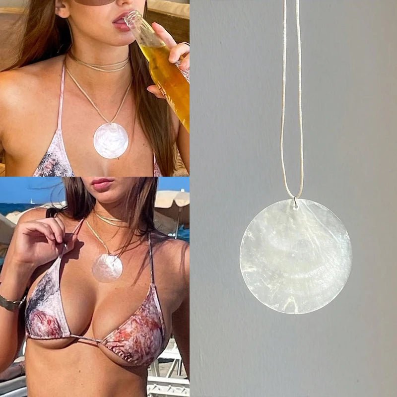 Minimalist White Natural Shell Wafer Pendant Multi-layered Rope Chain Necklace Women Summer Beach Vacation Jewelry