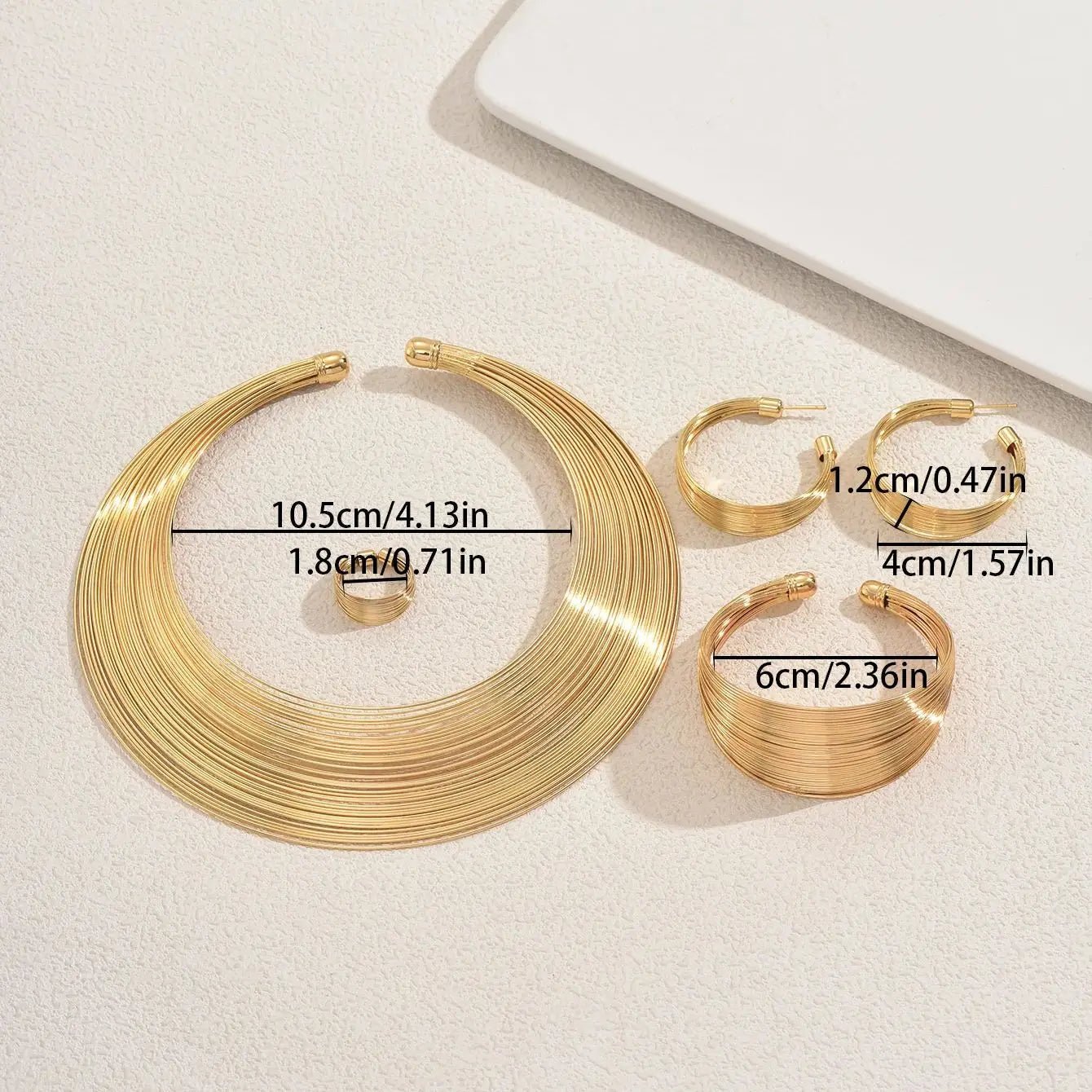 Sophisticated Gold Color Wide - band Jewelry Set Bold Choker C-shaped Earrings Ring Cuff Bracelet Set For Women