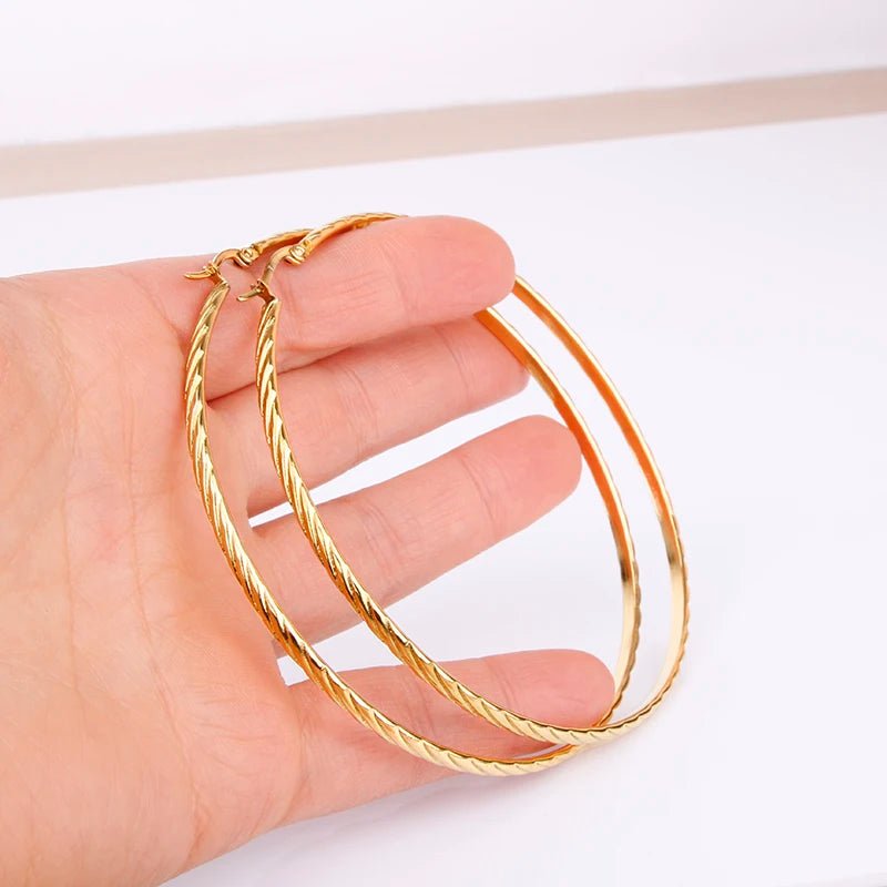 Hgflyxu Gold Color Stainless Steel Big Large Hoop Earring for Women Chinese Design Ladies Ear Fashion Jewelry Party High Quality