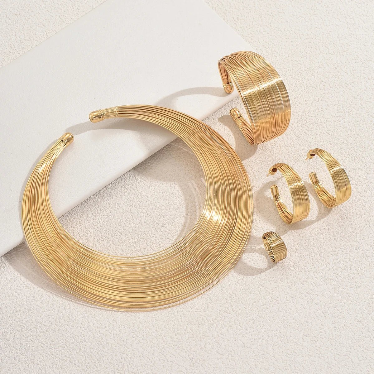 Sophisticated Gold Color Wide - band Jewelry Set Bold Choker C-shaped Earrings Ring Cuff Bracelet Set For Women