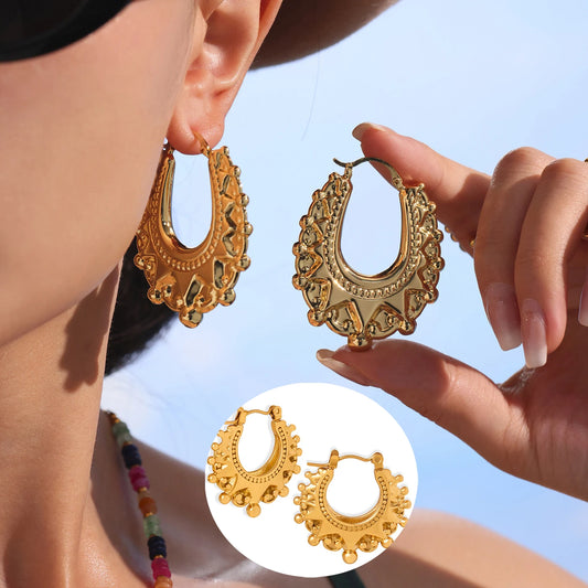Crown Bead Hollow U-shaped Stainless Steel Gold-plated Earrings