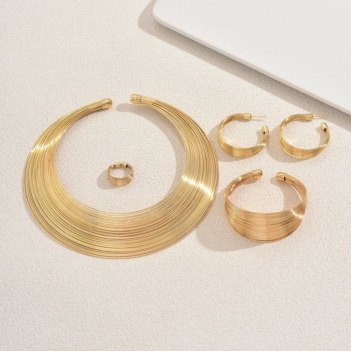 Sophisticated Gold Color Wide - band Jewelry Set Bold Choker C-shaped Earrings Ring Cuff Bracelet Set For Women