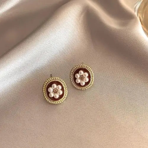 Silver Needle High Sense Wine Red Retro Hong Kong Style No Pierced Female Temperament Pearl Earrings High Sense Earrings