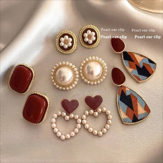 Silver Needle High Sense Wine Red Retro Hong Kong Style No Pierced Female Temperament Pearl Earrings High Sense Earrings