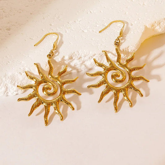 Vintage Hammered Spiral Sun Geometric Drop Earrings for Women Golden Stainless Steel Fashion Aesthetic Trend Jewelry Gift