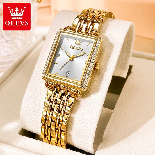 OLEVS Luxury Women's Quartz Watch Fashion Square Dial Solid Color Strap Top Quality Stainless Steel Waterproof Women's Watch